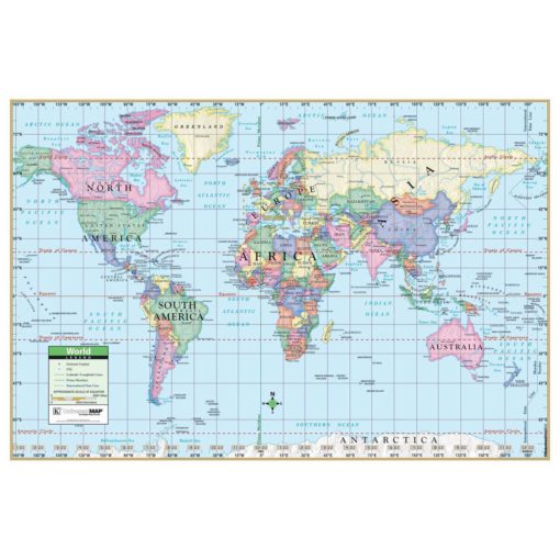 World Primary Mounted Map with Metal Silver Frame