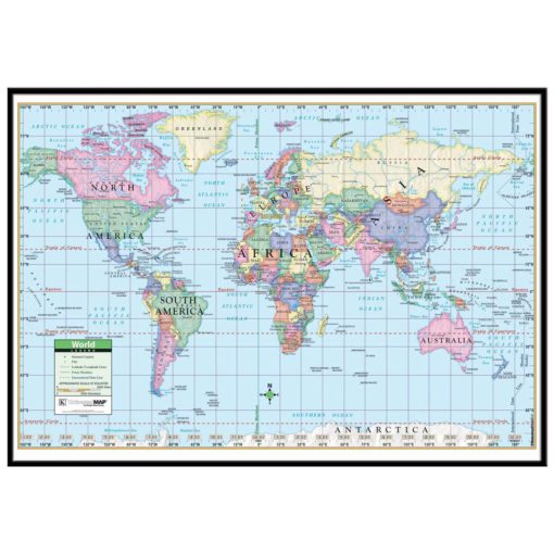 World Primary Mounted Map with Metal Black Frame